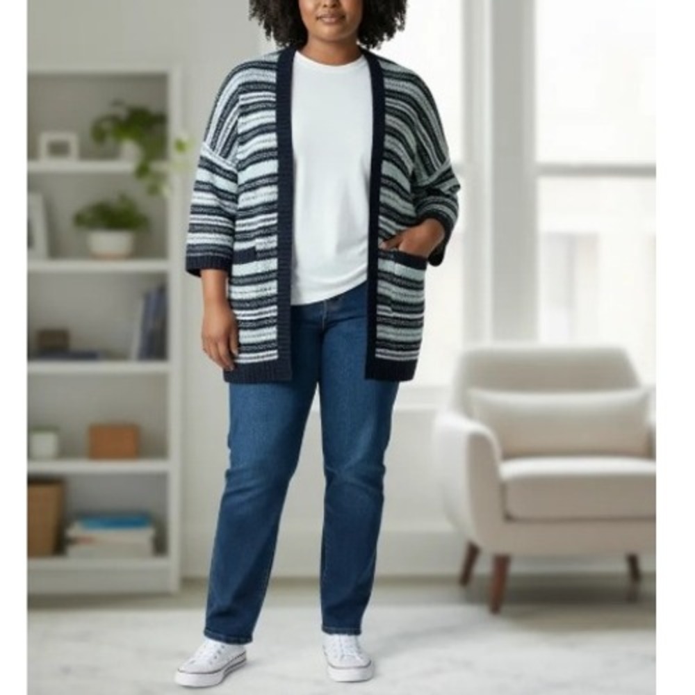 Talbots Plus Petite 3XP Cardigan Sweater Blue Striped Open Front Knit Cozy Comfy
